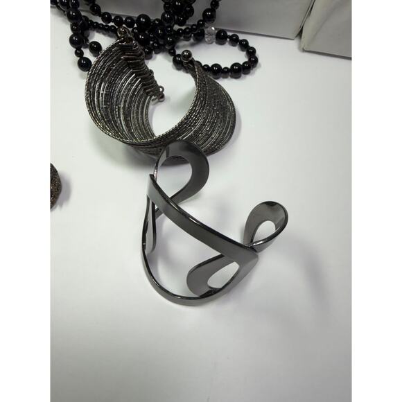 10 shinning black gunmetal charcoal gray necklace bangle bracelet earrings ring - Picture 8 of 11